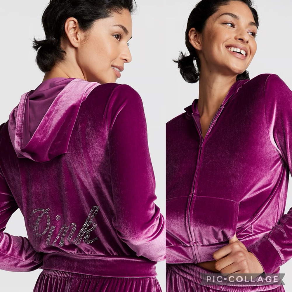 PINK VELOUR SHINE LOGO FULL-ZIP CROP HOODIE